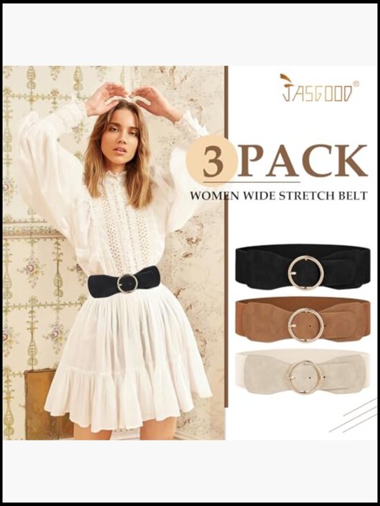 3 Pack Women Wide Elastic Waist Belt with Gold Round Buckle main image 5
